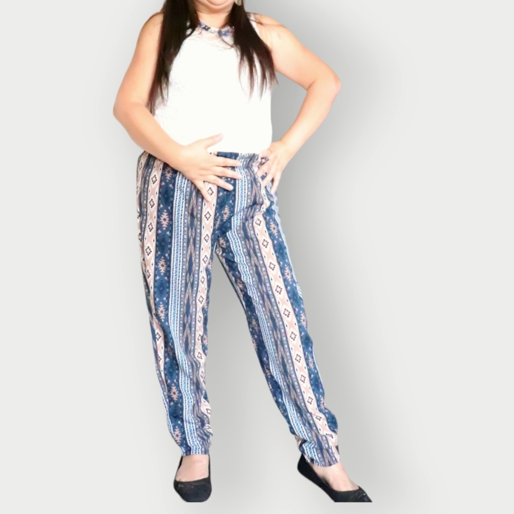 Soho Women's Blue Patterned Boho Pants - Size M/L - Lightweight Tribal Print